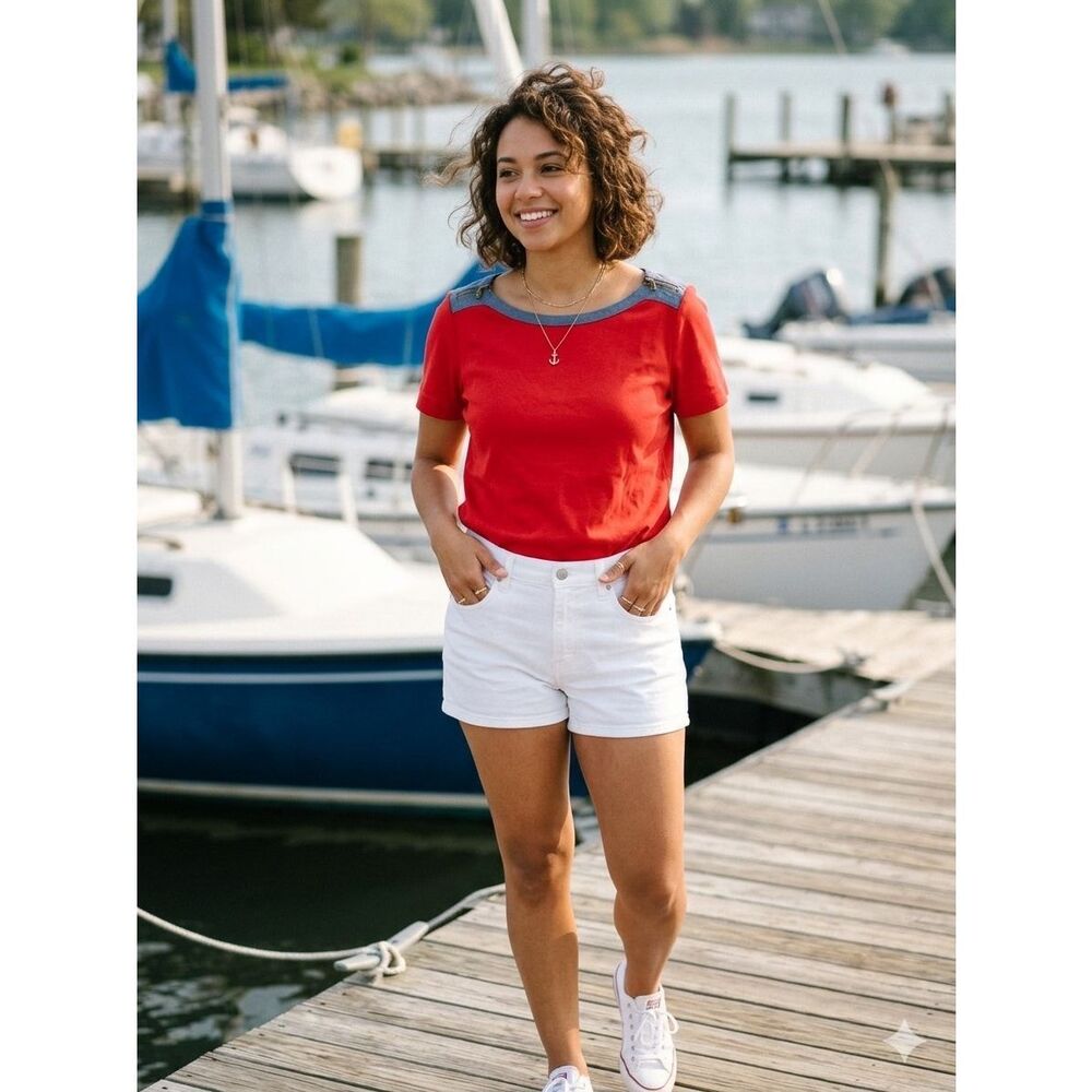 Lauren Ralph Lauren Red Cotton Top Large L Short Sleeve Zipper Shoulder Nautical